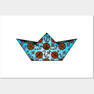 Origami boat with red poppies and anchors Posters and Art